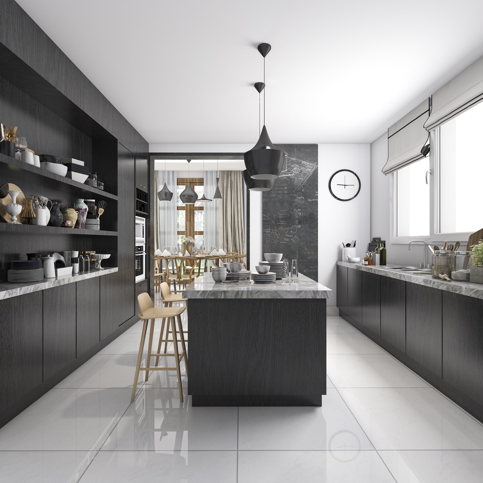Cozinha à medida em madeira escura e mármore